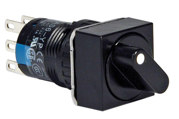 IDEC 16mm Selector Switch; Square; 2-Position; DPDT; Maintained (left)/Momentary; Black w/ White Insert